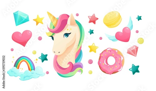 Cute unicorn face in flat style with sweet girlish elements. Ice cream, lipstick, cupcake, lips, heart, crystal, lollipop, rainbow. Cartoon vector illustration.