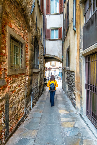 Fototapeta Naklejka Na Ścianę i Meble -  Historical street view in Citta Alta of Bergamo City