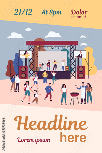 Outdoor rock concert and food festival. Crowd of people listening to music in park, enjoying camping, picnic and barbecue. Vector illustration for open air party, leisure, event concept