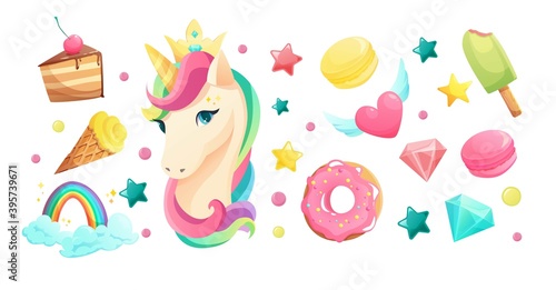 Cute unicorn face in flat style with sweet girlish elements. Ice cream, lipstick, cupcake, lips, heart, crystal, lollipop, rainbow. Cartoon vector illustration.