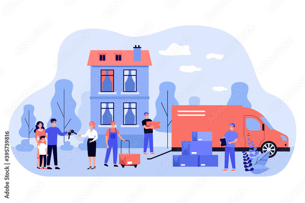 Happy family moving into new house flat vector illustration. Cartoon men unloading things and furniture in boxes from truck. Relocation and resettlement concept Happy family moving into new house flat vector illustration. Cartoon men unloading things and furniture in boxes from truck. Relocation and resettlement concept