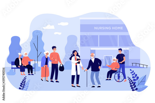 Nurse, visitors and old people in front of nursing home building flat vector illustration. Cartoon group of elderly characters walking with caregivers on street. Retirement and treatment concept