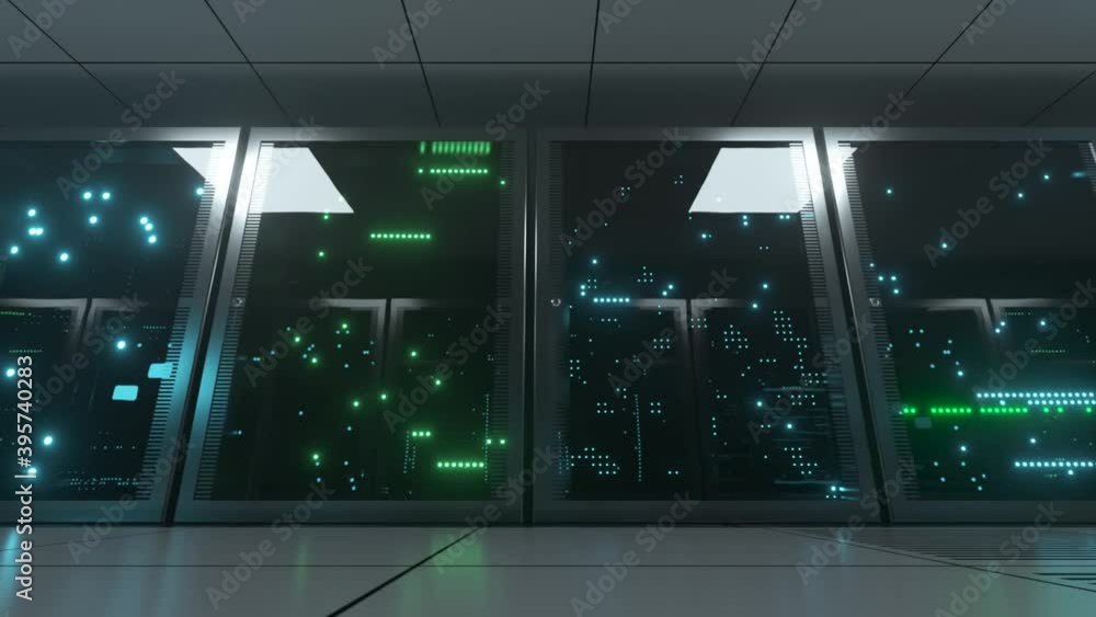 Networked and data servers behind glass panels in a server room. The camera moves on a trolley in the center of the network and data processing. Powerful servers. High quality 4K 3D animation Networked and data servers behind glass panels in a server room. The camera moves on a trolley in the center of the network and data processing. Powerful servers. High quality 4K 3D animation