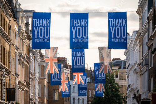Thank You to front line workers banners and Union Jack Flags at Covent Garden photo