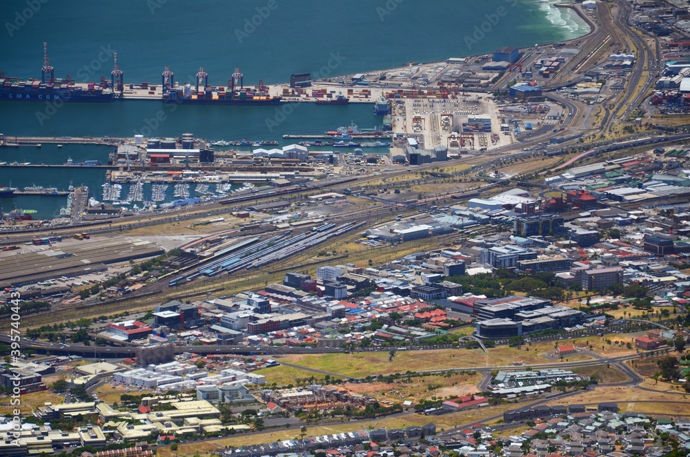 View from Table Mountain to Cape Town, South Africa. View of the city from a bird's eye view, detail of the harbor, railway station, part of the city.