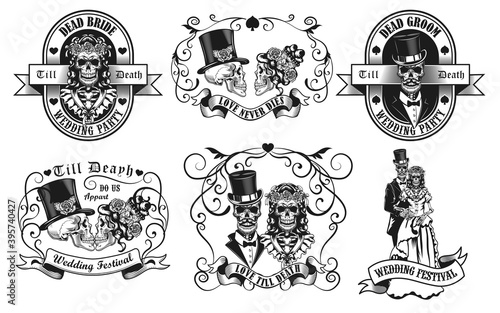 Skeletons wedding set. Monochrome design elements with grooms and brides skills wearing smoking and dress in vintage swirly frame. Love and couple concept for stamps and emblems templates