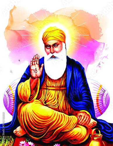 Vector illustration of Guru Nanak Dev, Prakash Parv festival celebration. concept, idea background with Happy Gurupurab Punjabi text on hand
