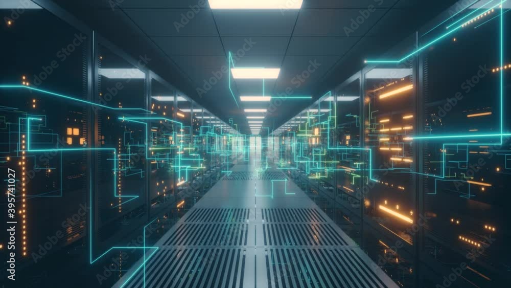 Digital information travels through fiber optic cables through the network and data servers behind glass panels in the server room of the data center. High speed digital lines