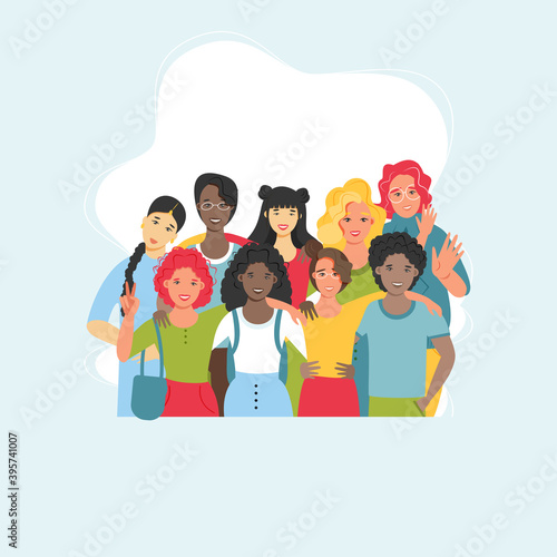 Multicultural group of people is standing together. Team of colleagues, students, happy men and women. Multinational society. Friendship, teamwork and cooperation. Vector flat illustration.

