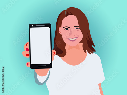 young women girl holding a smartphone with a blank screen in front vector illustration