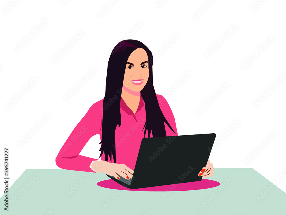 young happy women girl working on laptop sitting vector illustration young happy women girl working on laptop sitting vector illustration