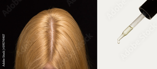 The woman's head on top, hair parted in the middle. Pipette cosmetics, skin care oil for hair.