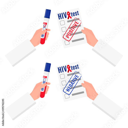 Vector illustration of the hands of a ductor who holds a test tube with a blood test for HIV and a result forms. photo