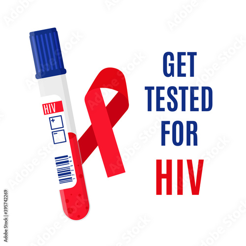Vector banner with a red ribbon, a test tube with a blood test for HIV and an inscription. Get tested for HIV.