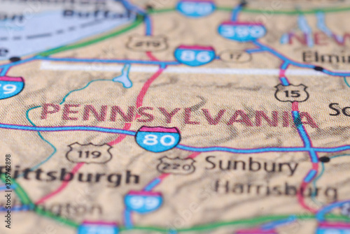 Roads on the map around the state of Pennsylvania, USA, with road numbers, photo taken in Italy, November 2020