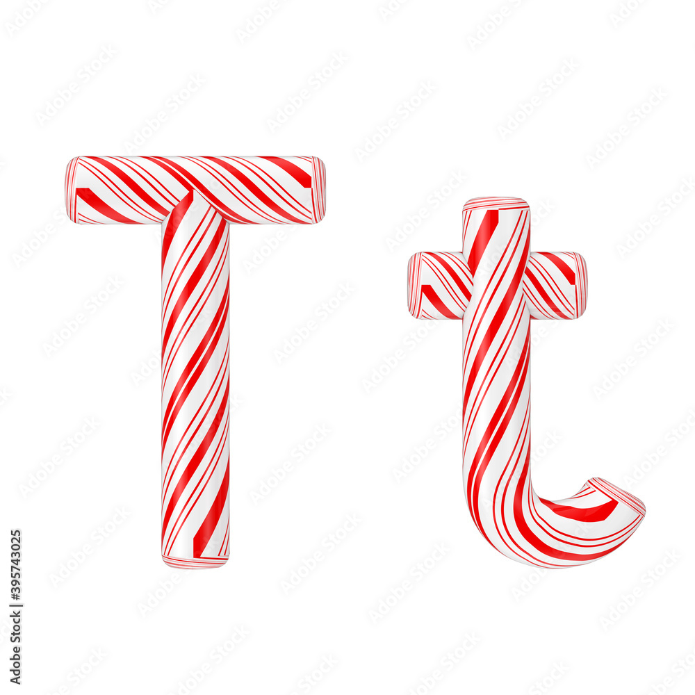 Obraz premium Letter T Mint Candy Cane Alphabet Collection Striped in Red Christmas Colour . 3d Rendering