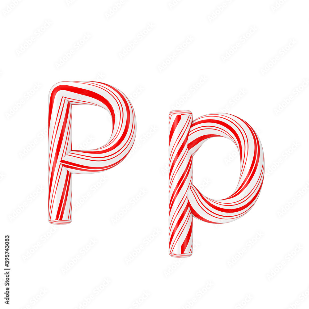 Fototapeta premium Letter P Mint Candy Cane Alphabet Collection Striped in Red Christmas Colour . 3d Rendering