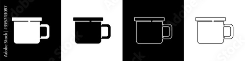 Set Camping metal mug icon isolated on black and white background. Vector.