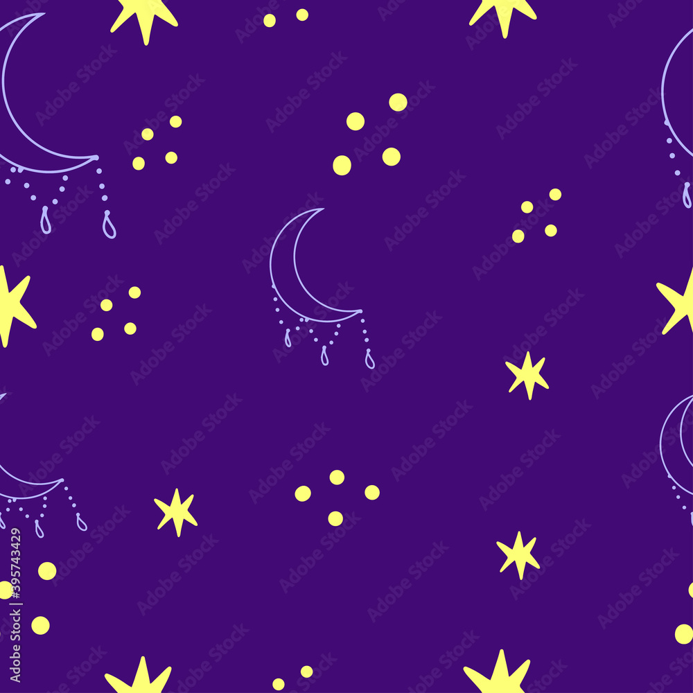 Different moon seamless pattern child background with stars in grunge style