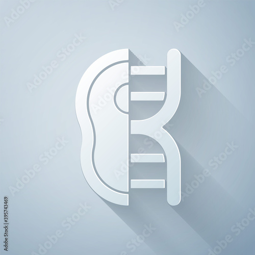 Paper cut Genetically modified meat icon isolated on grey background. Syringe being injected to meat. Paper art style. Vector.