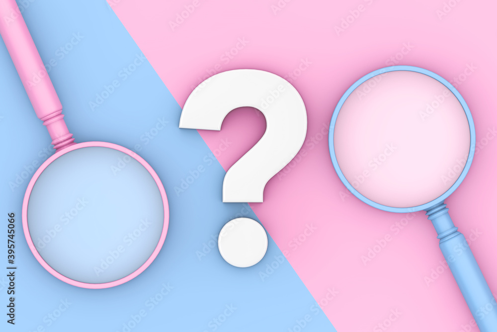 Blue and Pink Magnifying Glass in Duotone Style with White Question Mark. 3d Rendering Blue and Pink Magnifying Glass in Duotone Style with White Question Mark. 3d Rendering