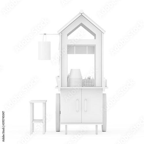 Asian Wooden Street Food Meatball Noodle Cart with Chairs in Clay Style. 3d Rendering
