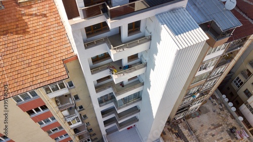 Aerial view of multi-storey apartment building.