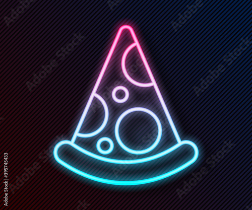 Glowing neon line Slice of pizza icon isolated on black background. Fast food menu. Vector.