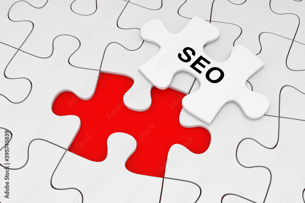One Piece of White Jigsaw Puzzle over Plain of White Puzzle with SEO Word. 3d Rendering One Piece of White Jigsaw Puzzle over Plain of White Puzzle with SEO Word. 3d Rendering