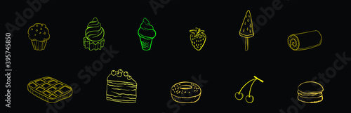 set of Popular desserts cake, donuts and more icon design template with various models. vector illustration isolated on black background