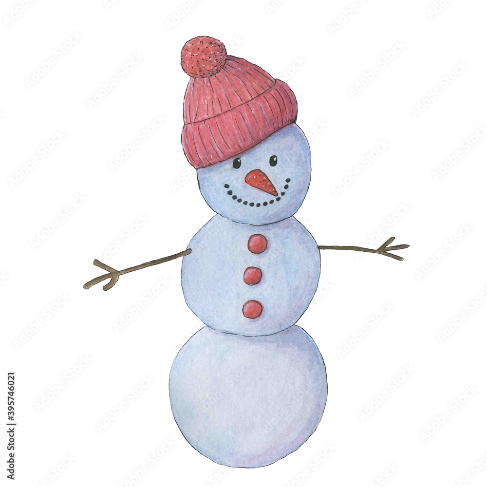 watercolor cute snowman in a red knitted hat.Christmas illustration watercolor cute snowman in a red knitted hat.Christmas illustration