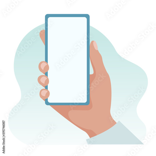 Hand holds a smartphone. Vector illustration in a flat style on a light blue background.