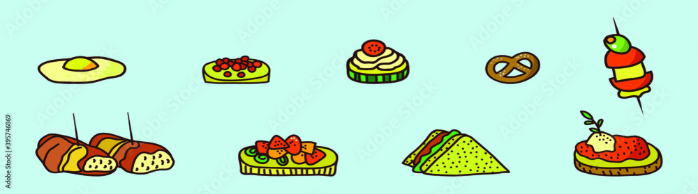 set of appetizers cartoon icon design template with various models. vector illustration isolated on blue background set of appetizers cartoon icon design template with various models. vector illustration isolated on blue background