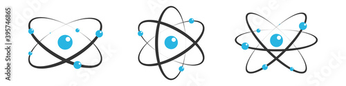 Atom icon in flat design. Set gray molecule symbol or atom symbol isolated. Vector illustration