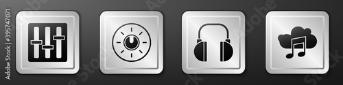 Set Sound mixer controller, Dial knob level technology settings, Headphones and Music streaming service icon. Silver square button. Vector.