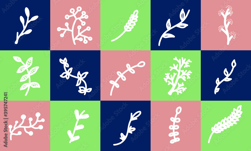 Fototapeta premium Branch hand drawn green blue white floral cranberry viburnum ear of wheat corn rye olive plants flower. Vector illustration decor bottle card square background package florist shop cosmetic design