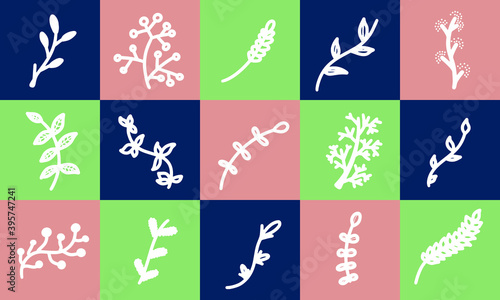 Branch hand drawn green blue white floral cranberry viburnum ear of wheat corn rye olive plants flower. Vector illustration decor bottle card square background package florist shop cosmetic design