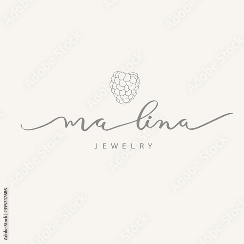 Malina - raspberry calligraphy logo template for jewelry store, baking, cooking, clothing, fashion, etc. Berry Vector Design, fruit Illustration in line.