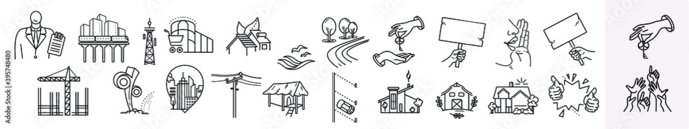 Fototapeta premium Real estate collection in minimal thin line vector illustration. Icons set of property, home loan, realtor, discount ets. Outline icons collection. 