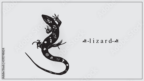 Vector illustration of a black lizard with white flowers and plants. EPS 10.