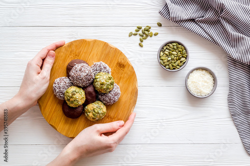 Energy protein balls with ingredients, top view
