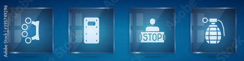 Set Brass knuckles, Military assault shield, Stop war and Hand grenade. Square glass panels. Vector.