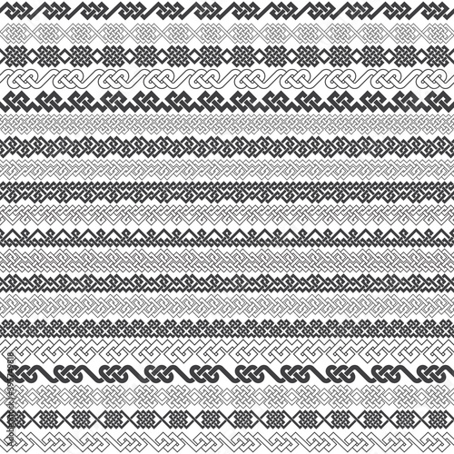 Set of vintage borders for design. Twenty border elements for frames in knotting style. Patterned brushes kit.