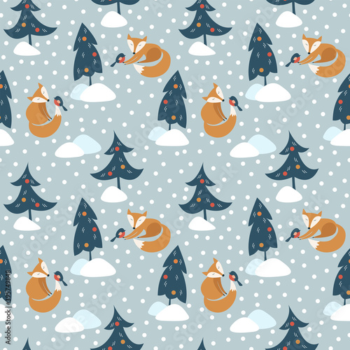 Christmas and New Year seamless pattern for greeting cards, wrapping paper. Christmas trees, fox, bullfinches, snow, snowdrift.