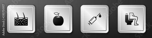 Set Hair covering skin, Apple, Syringe and Constipation icon. Silver square button. Vector.