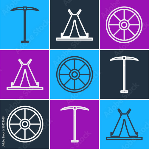 Set line Pickaxe, Old wooden wheel and Indian teepee or wigwam icon. Vector.