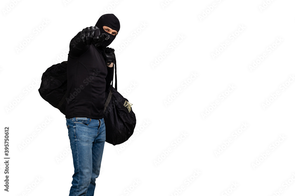 robber with a gun and a bag of money isolated on white background robber with a gun and a bag of money isolated on white background