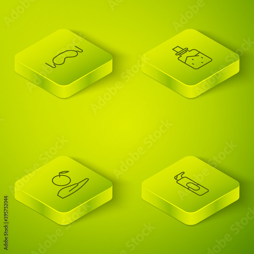 Set Isometric Spa salt, Apple in hand, Spray can for hairspray and Eye sleep mask icon. Vector.