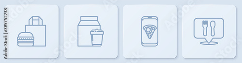 Set line Online ordering burger delivery, Food pizza, and and Cafe restaurant location. White square button. Vector.