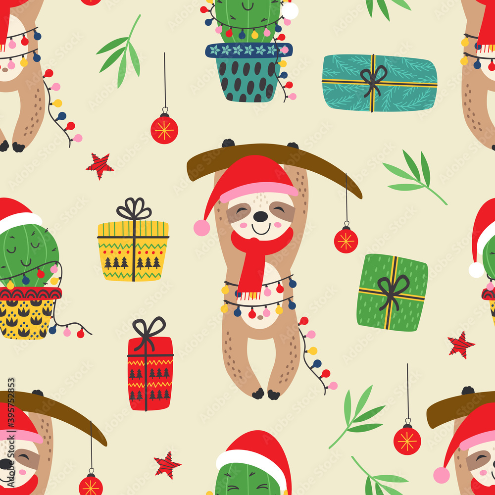 Fototapeta premium seamless pattern with Christmas sloth and cactus 